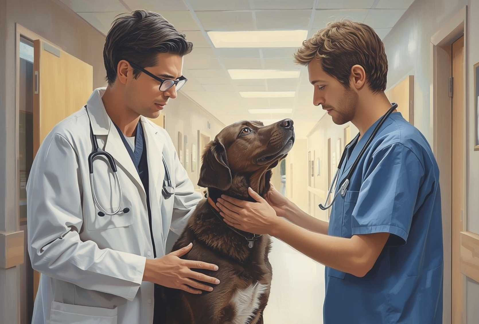 Veterinarian and veterinary technician examining a dog in a clinic hallway